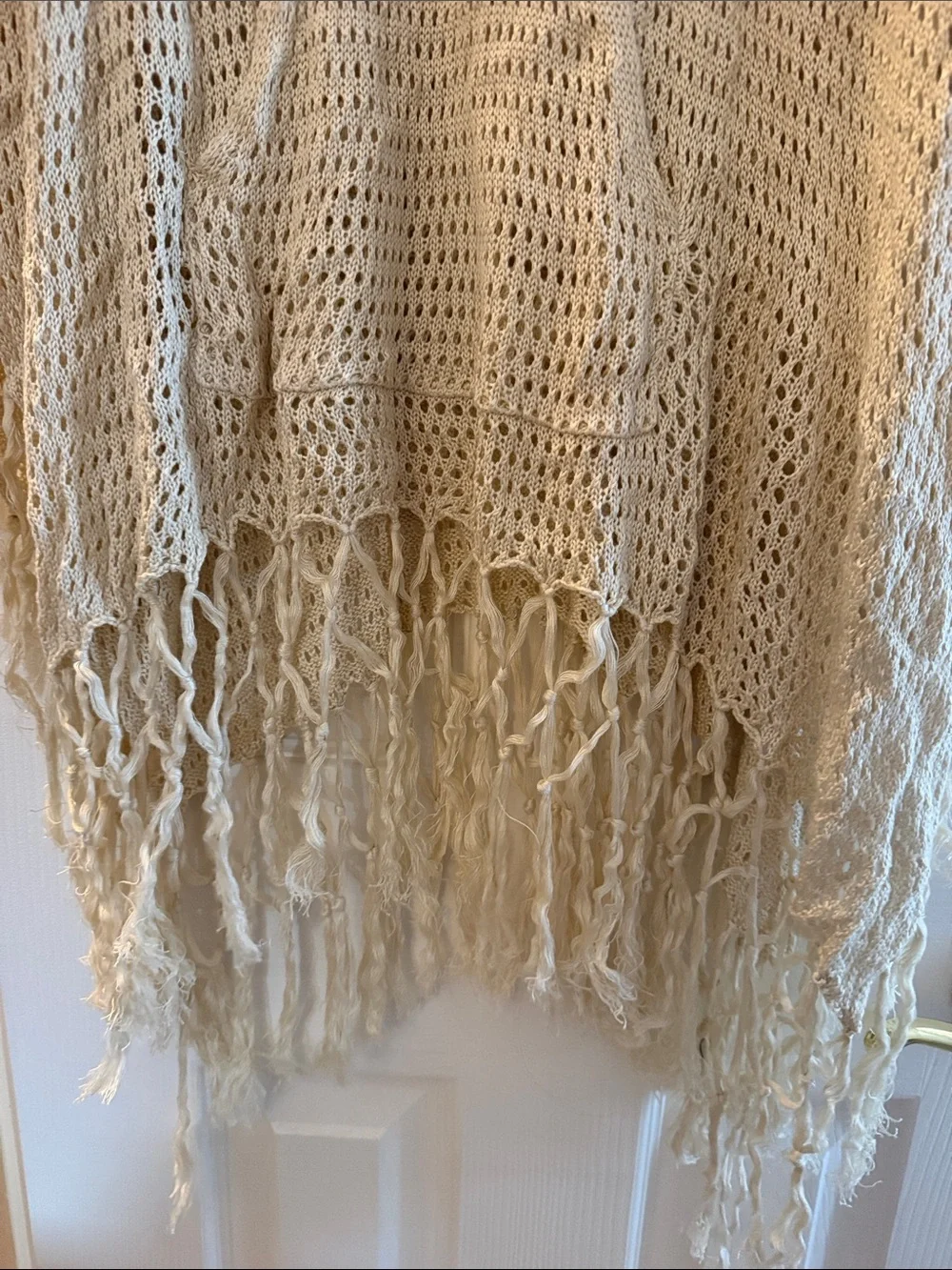Free People Cream Open-Knit Fringe Poncho Sweater